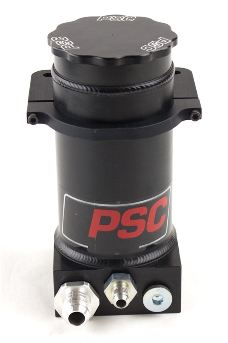 PSC Motor Sports Remote Power Steering Reservoir SR146-6-10-SA Gen IV 8.25in. w/Clamp Number 6 Return Number And 10 Feed Black Anodized Black Street Cap
