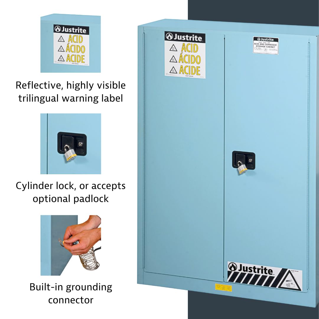 Justrite Storage Cabinet Acid Corrosive - 60 Gallon 2 Door Manual Close Chemical Cabinet with ChemCor® Coating - 34" x 65" x 34" - Made in The USA - Light Blue - 8960022
