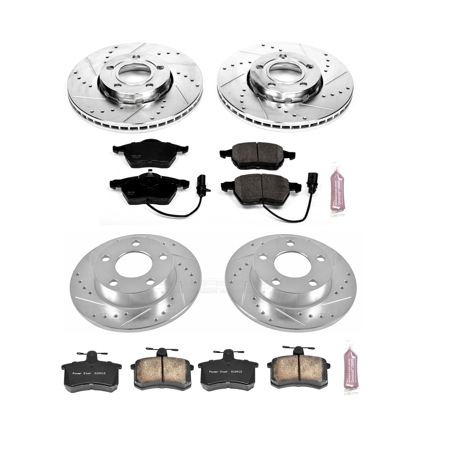 Power Stop K530 Z23 Carbon Fiber Brake Pads Front and Rear with Drilled & Slotted Brake Rotors Kit For Audi A4 Quattro 1999-2001 [Model Specific]