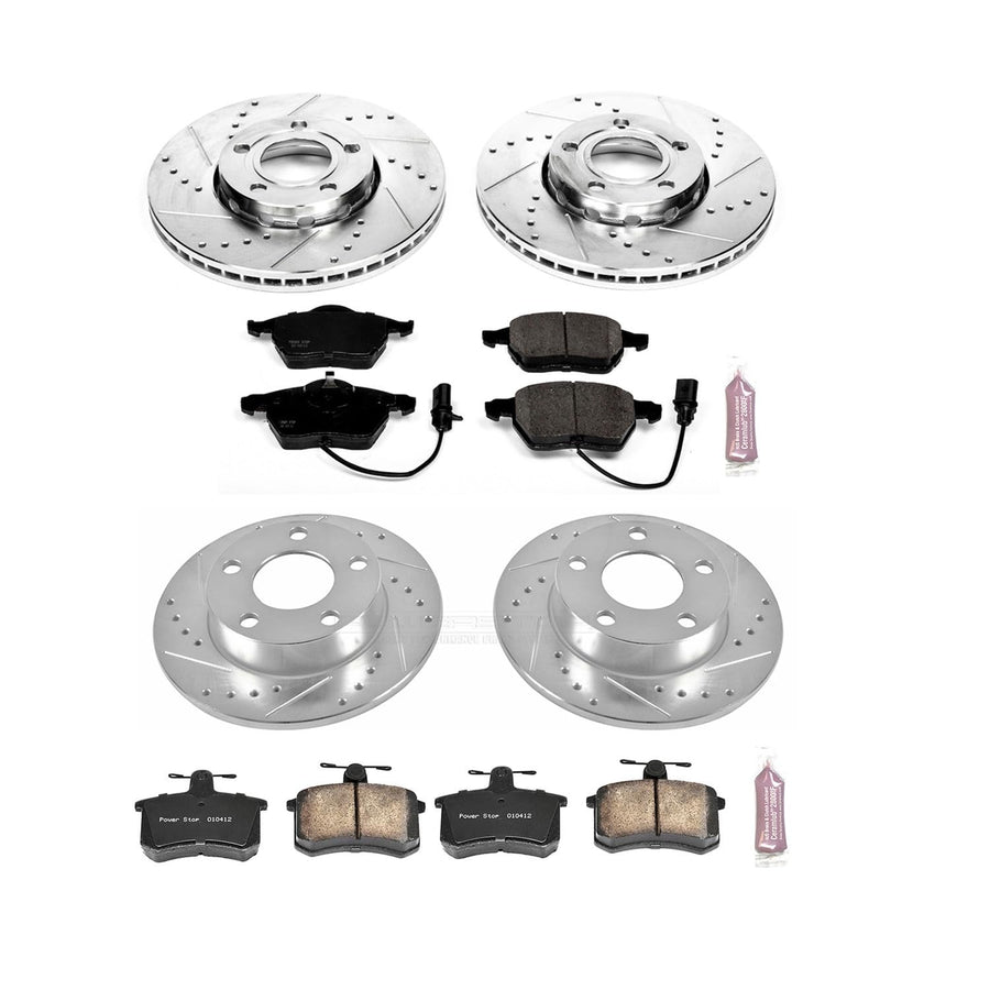 Power Stop K530 Z23 Carbon Fiber Brake Pads Front and Rear with Drilled & Slotted Brake Rotors Kit For Audi A4 Quattro 1999-2001 [Model Specific]