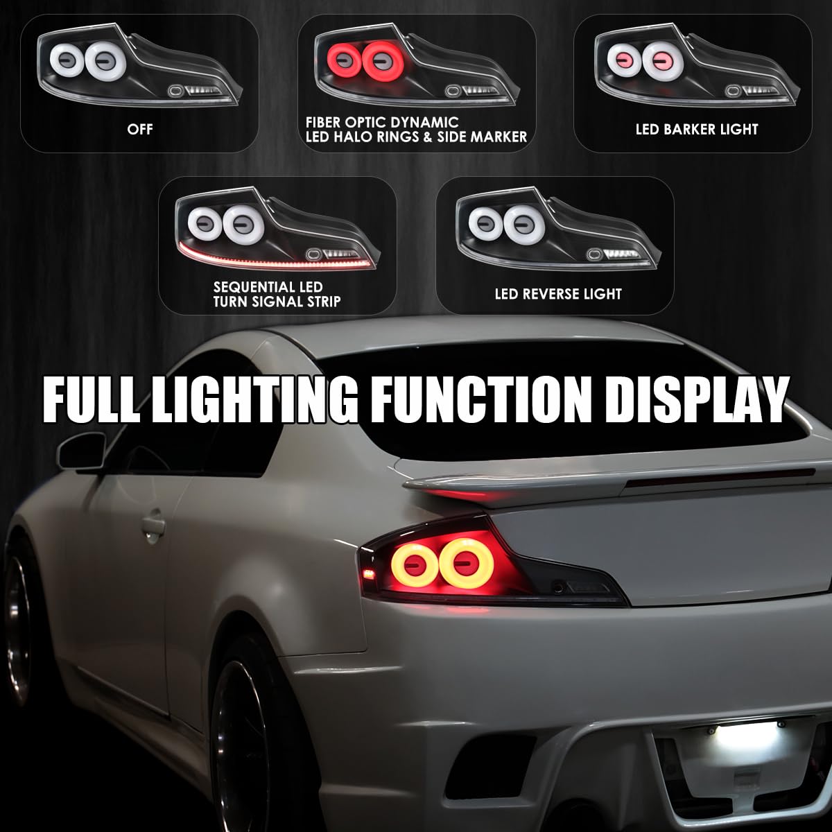 Full LED Tail Lights SPEC-D TUNING w/White Fiber Optic Halo Ring, Sequential Turn Signal, and Startup Animation Compatible with 2003-2007 Infiniti G35, Left + Right Pair Assembly