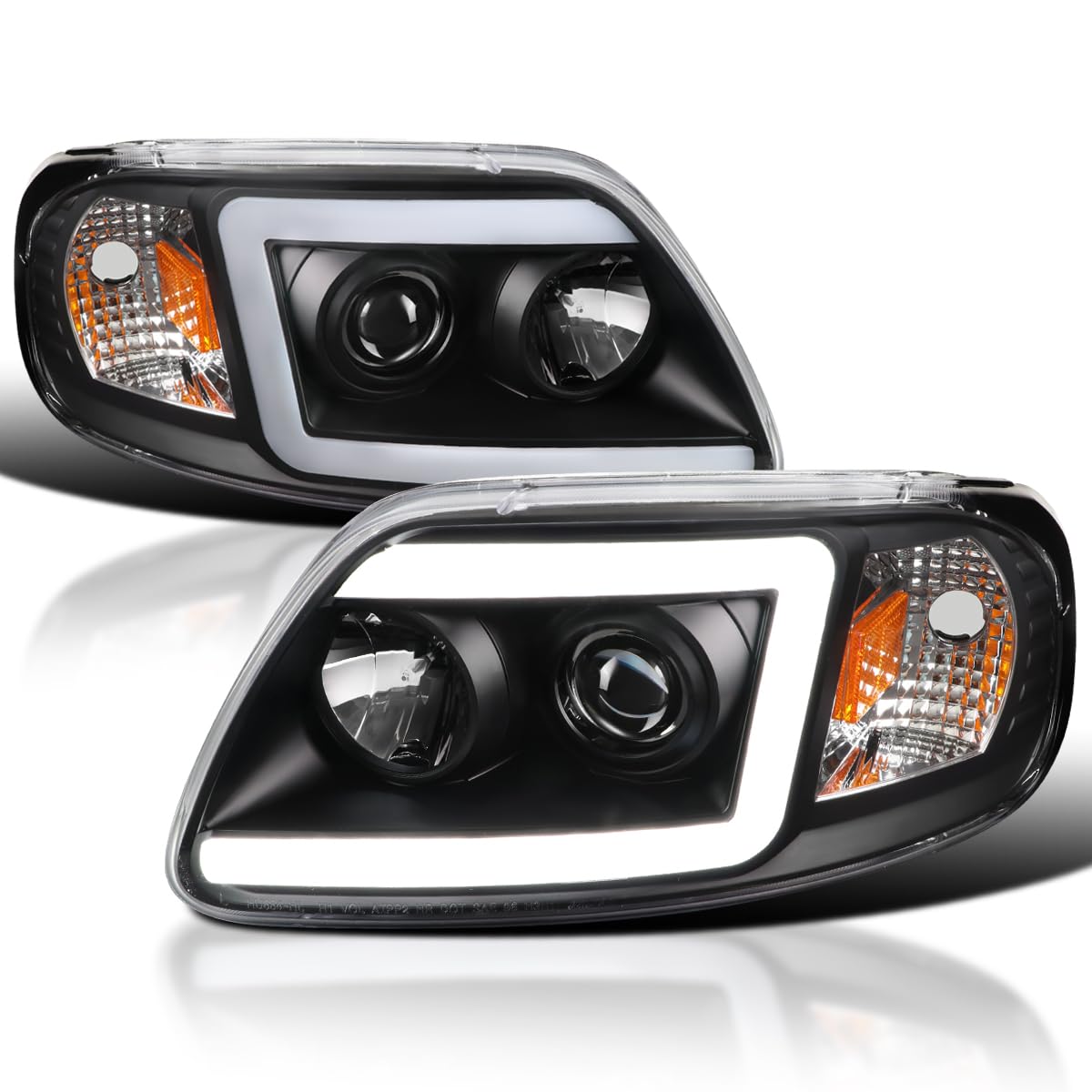 Black SPEC-D TUNING Projector Headlights w/LED Light Tube Compatible with 1997-2003 Ford F150, 2004 Ford F150 Heritage, Left + Right Pair Headlamps Assembly