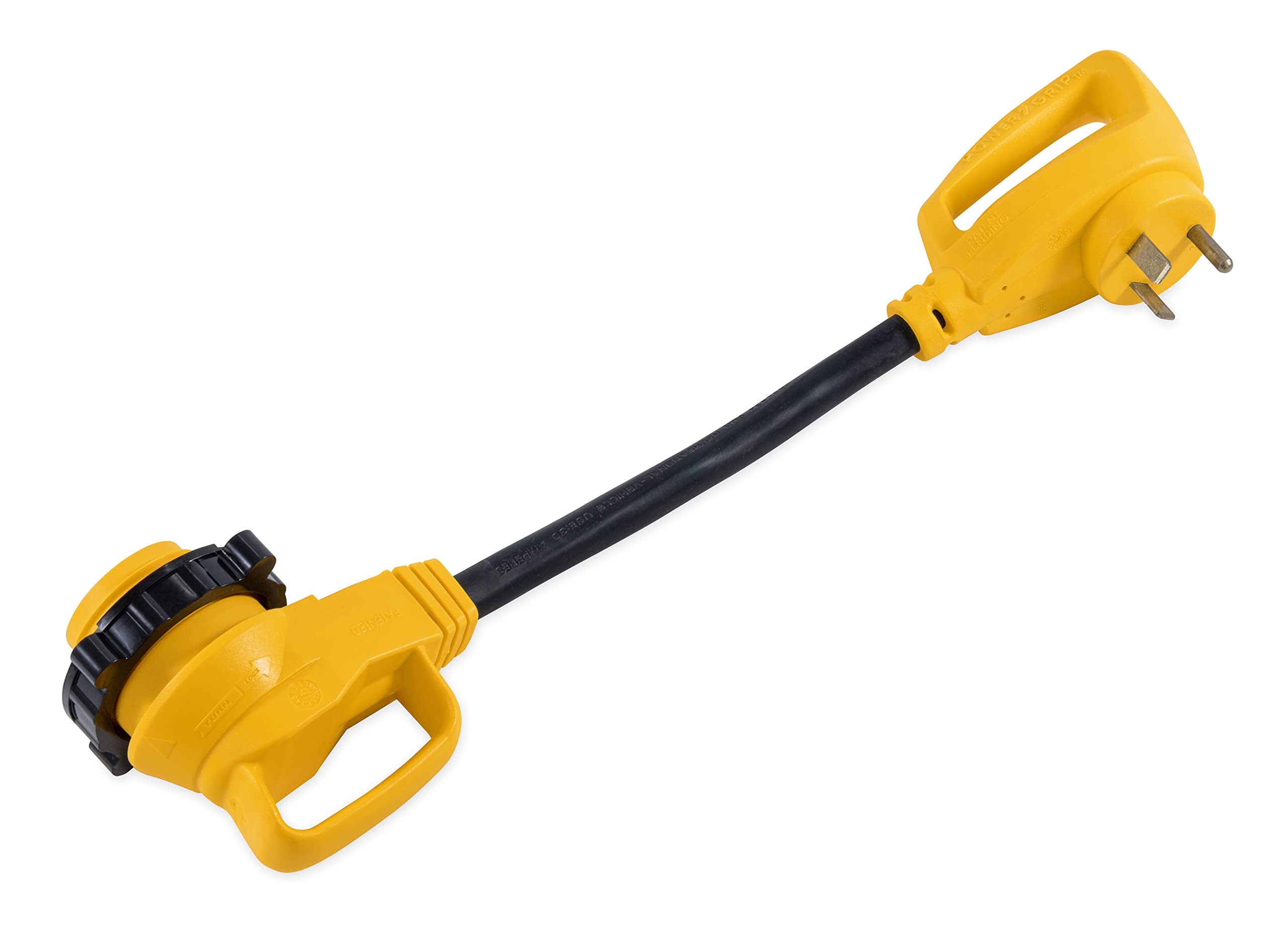 Camco 55522 30 AMP Standard Male 18" / 30 AMP 90 Degree Locking Female PowerGrip Adapter