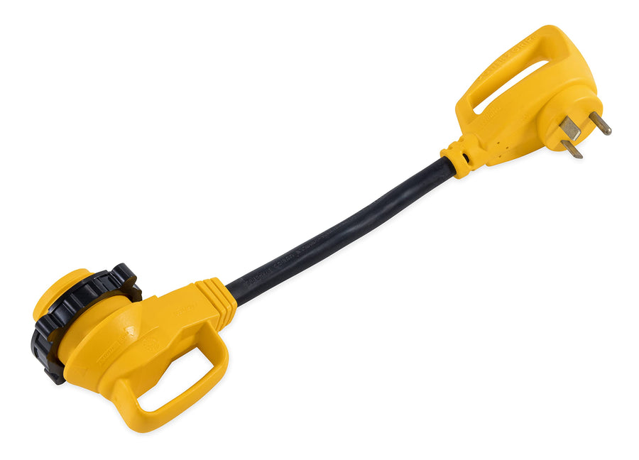 Camco 55522 30 AMP Standard Male 18" / 30 AMP 90 Degree Locking Female PowerGrip Adapter