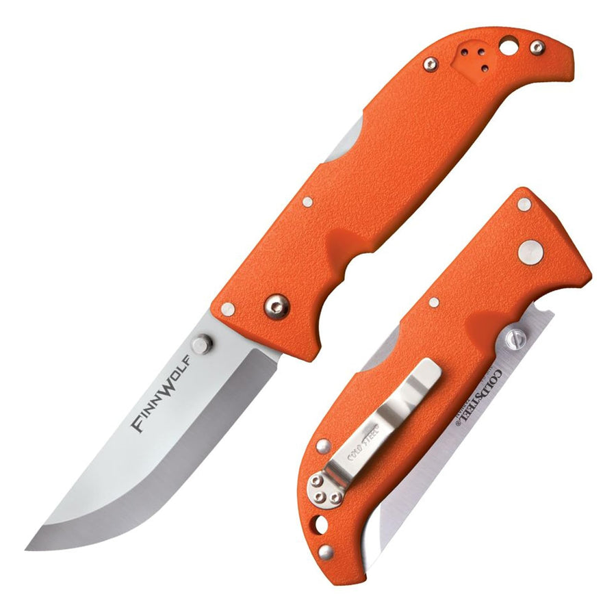 Cold Steel 3.5in Finn Wolf AUS8A Razor-Sharp Straight Back Blade 4.375in Griv-Ex Blaze Orange Handle Hunting Folding Knife, Blister Pack