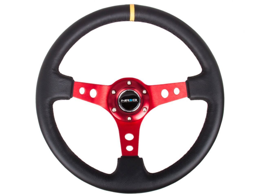 NRG Innovations Reinforced NRG-RST-006RD-Y Steering Wheel - 350mm Sport Steering Wheel (3" Deep) - Red Spoke with Round holes, Black Leather, Yellow Center Mark