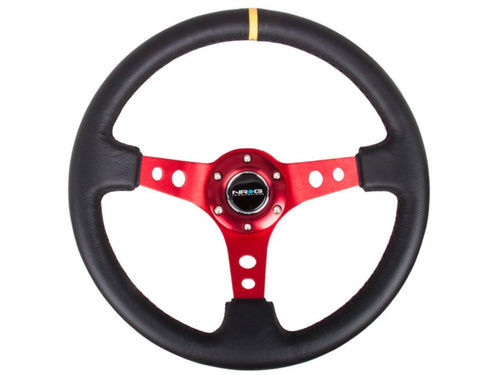 NRG Innovations Reinforced NRG-RST-006RD-Y Steering Wheel - 350mm Sport Steering Wheel (3" Deep) - Red Spoke with Round holes, Black Leather, Yellow Center Mark