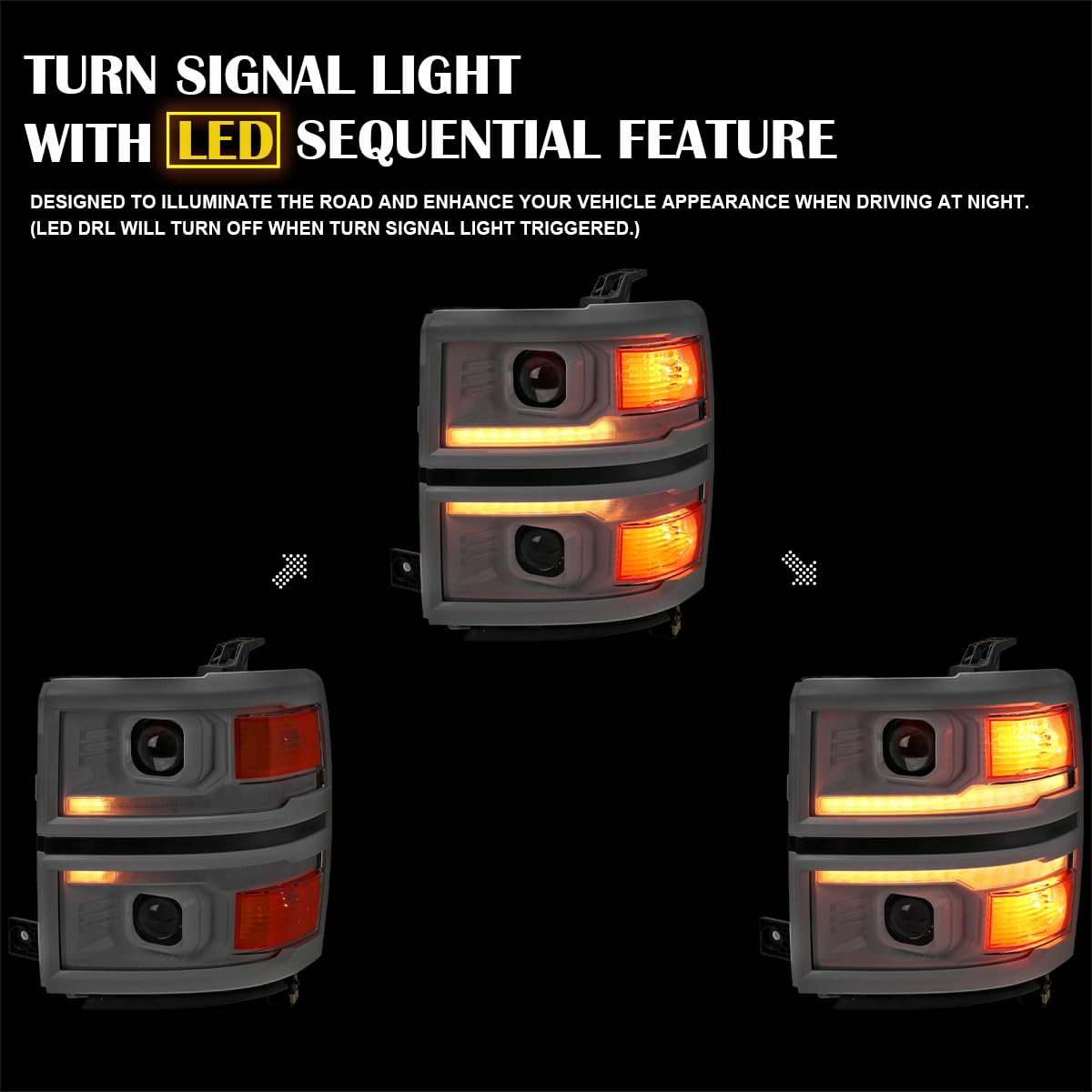 Special Edition SPEC-D TUNING Arctic White Projector Headlights w/Sequential Switchback LED Strip and Startup Animation Compatible with 2014-2015 Chevy Silverado 1500, Left + Right Pair Headlamps
