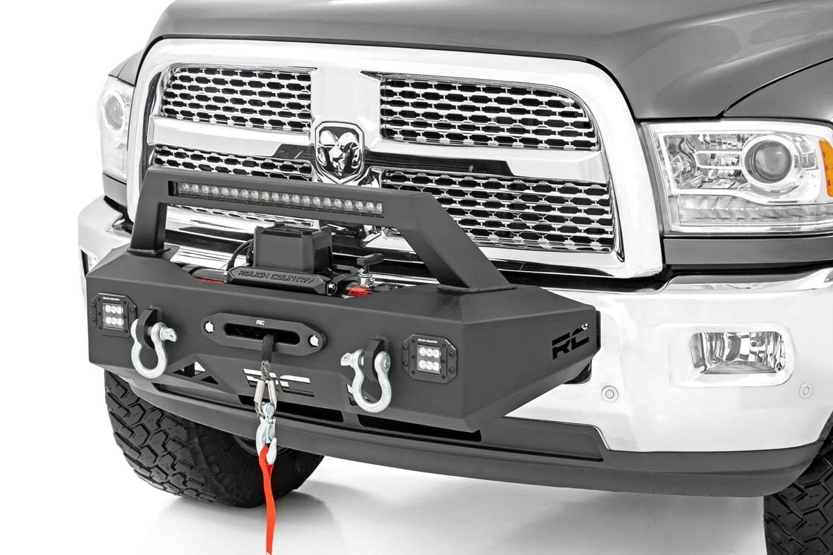 EXO Winch Mount Rough Country with LED Lights for Ram 2500 (2014-2018) - Includes 20-in LED Light Bar, Dual 2-in LED Cubes, D-Rings