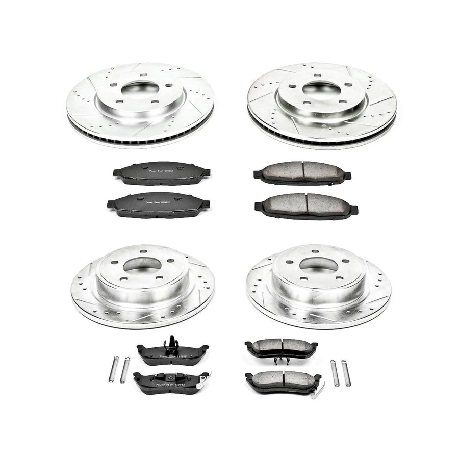 Power Stop K2838 Z23 Carbon Fiber Brake Pads Front and Rear with Drilled & Slotted Brake Rotors Kit For Chrysler Pacifica 2004-2008 [Model Specific]