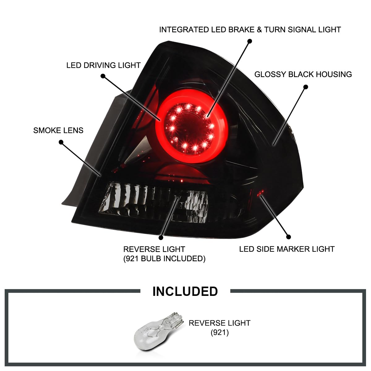 Glossy Black Smoke LED Halo Light Bar Tail Lights SPEC-D TUNING Compatible with 2006-2013 Chevy Impala, 2014-2016 Chevy Impala Limited, Left + Right Pair Assembly