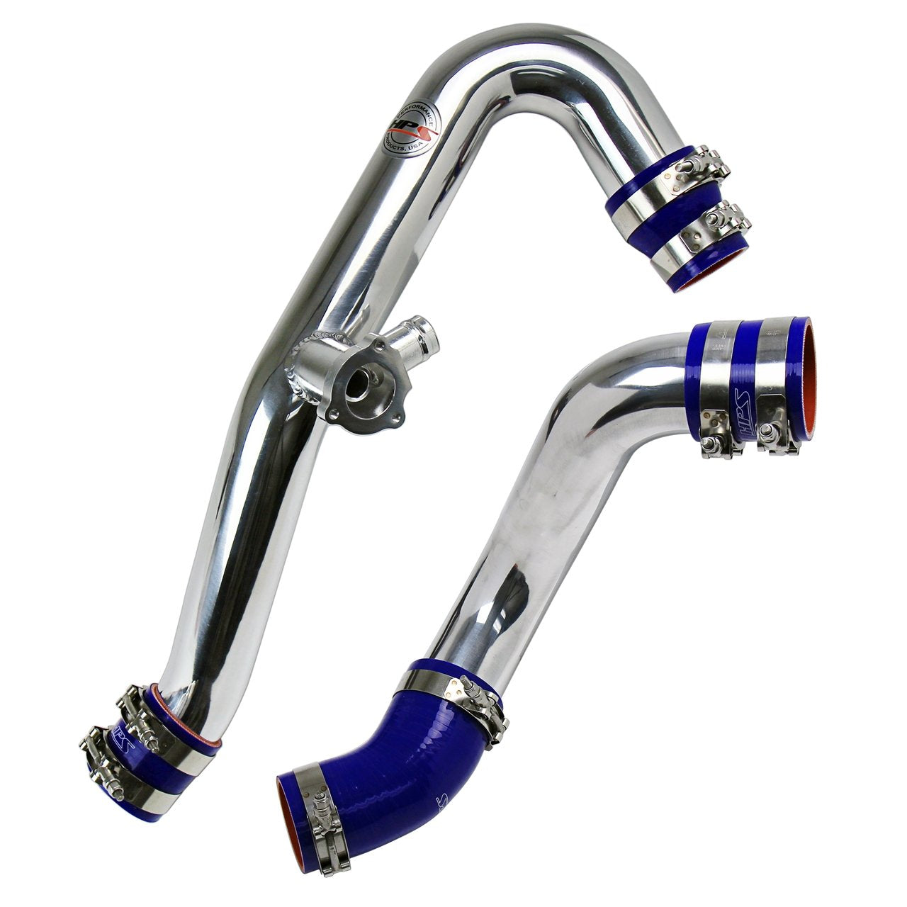 HPS Performance Intercooler Polish (Charge Hot and Cold Side with Blue Hoses) Compatible for 2015-2020 Ford Mustang Ecoboost 2.3L Turbo, 17-102P