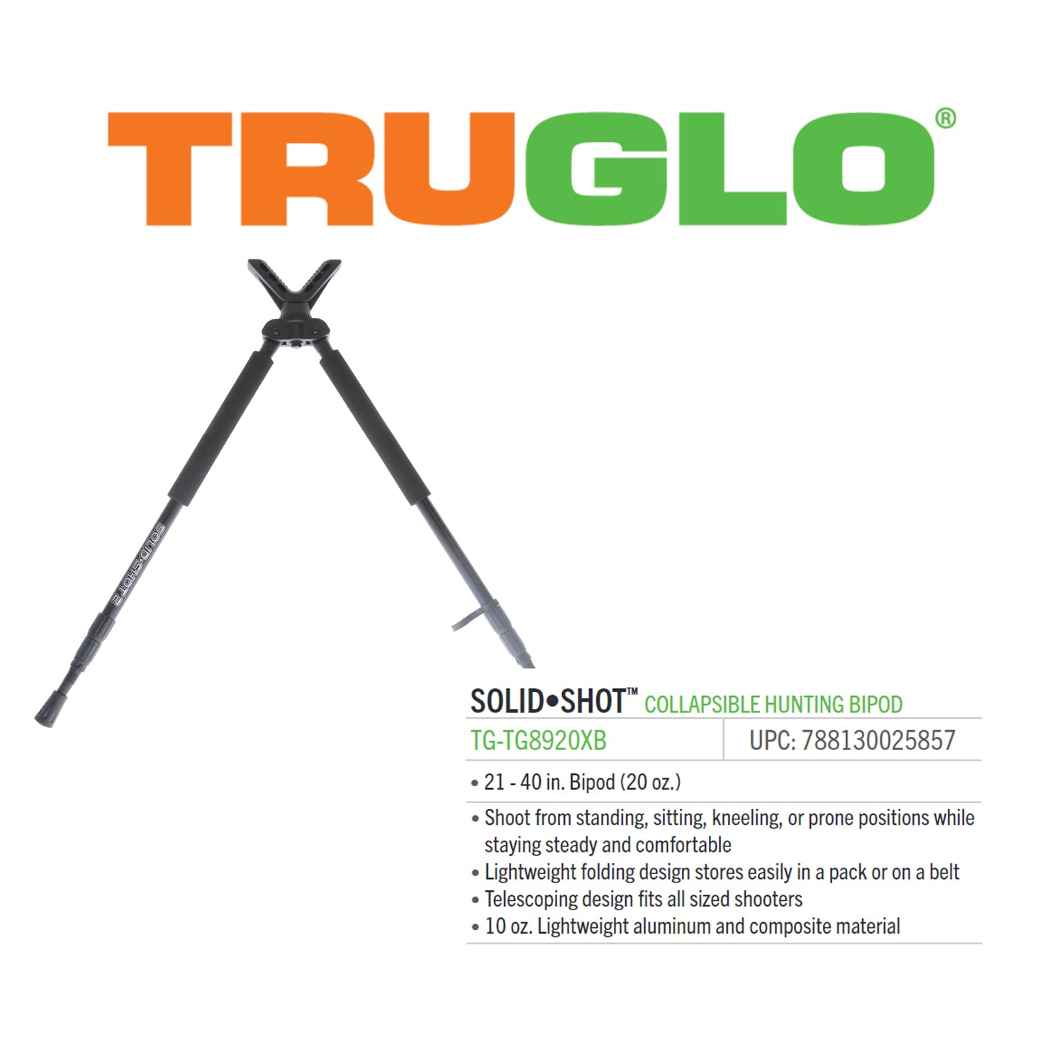 TRUGLO Solid Shot Adjustable Versatile Durable Collapsible Rifle Shooting & Crossbow Hunting Bipod w/Rotating Head Design - 21-40 in. Length