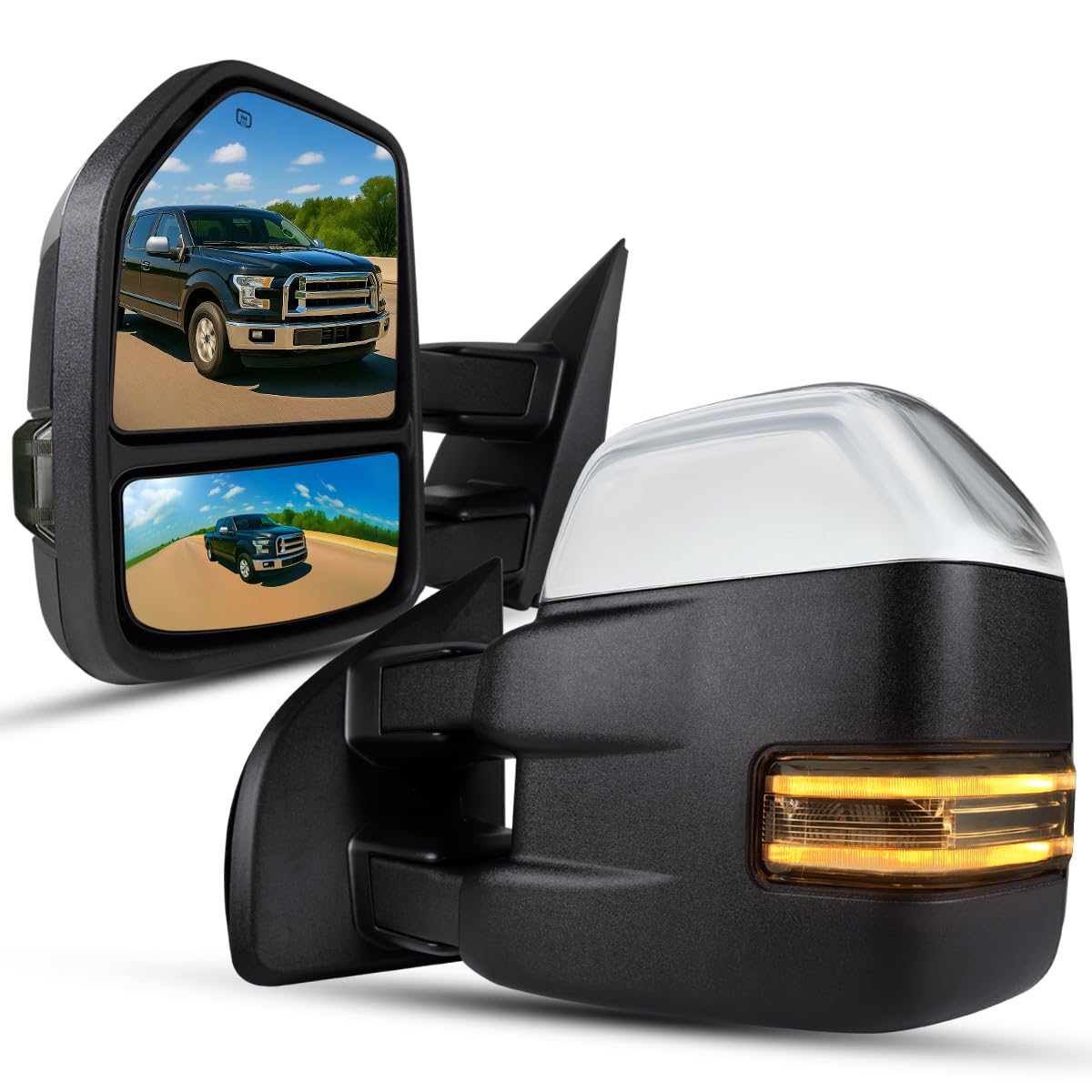 Spec-D Tuning Power Heated Chrome Tow Towing Mirrors+Smoke LED Signal+Puddle Compatible with 2015-2018 Ford F150 Left + Right Pair