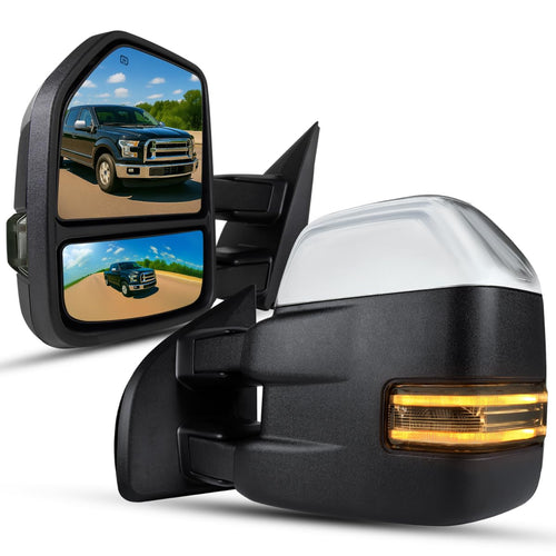 Spec-D Tuning Power Heated Chrome Tow Towing Mirrors+Smoke LED Signal+Puddle Compatible with 2015-2018 Ford F150 Left + Right Pair