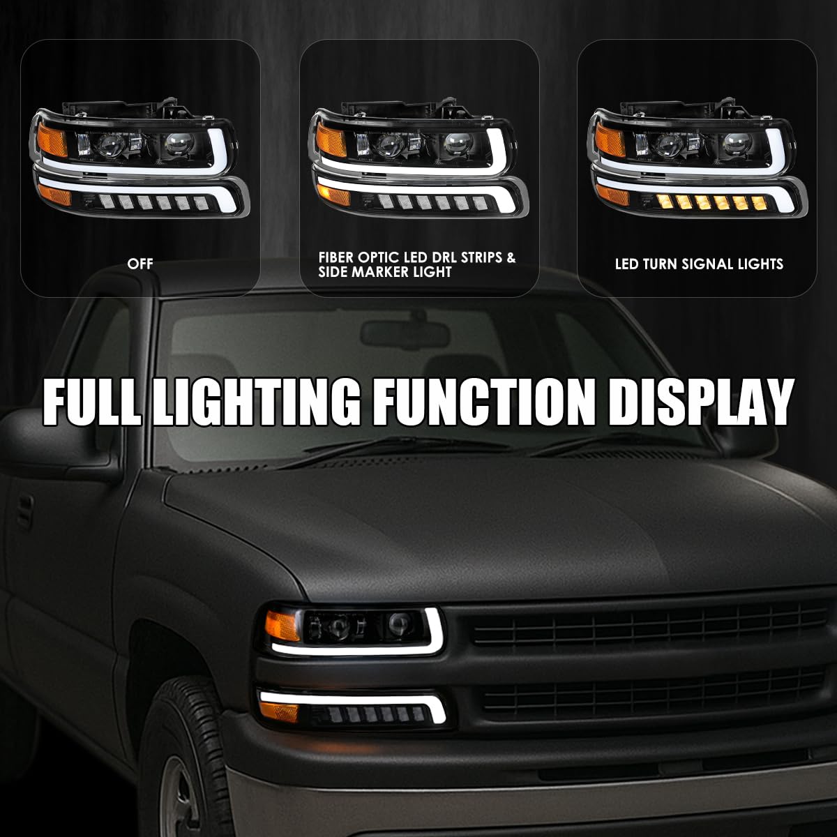 Full LED Jet Black Projector Headlights + Bumper Lights SPEC-D TUNING Compatible with 1999-2002 Chevy Silverado 1500/2500, 01-02 Silverado 1500HD/2500HD/3500, 00-06 Tahoe/Suburban 1500/2500