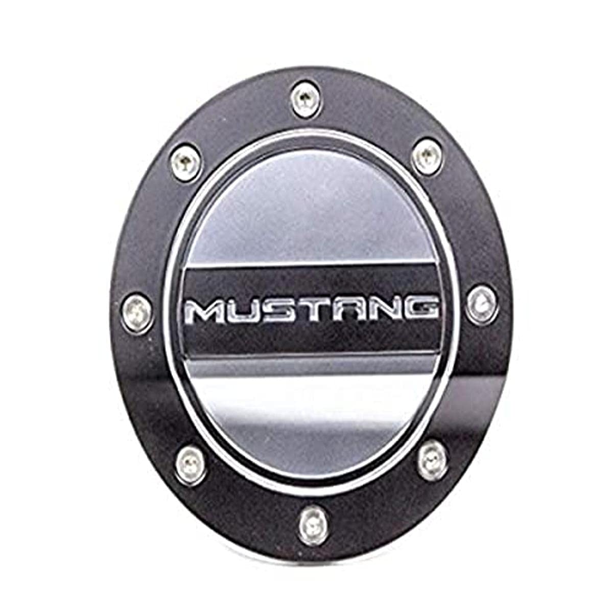 Muscle Cars Drake Comp Series Fuel Door with Mustang Lettering in Satin Black/Silver Finish, Compatible with 2015-2021 Ford Mustang, Model FR3Z-6640526-MA