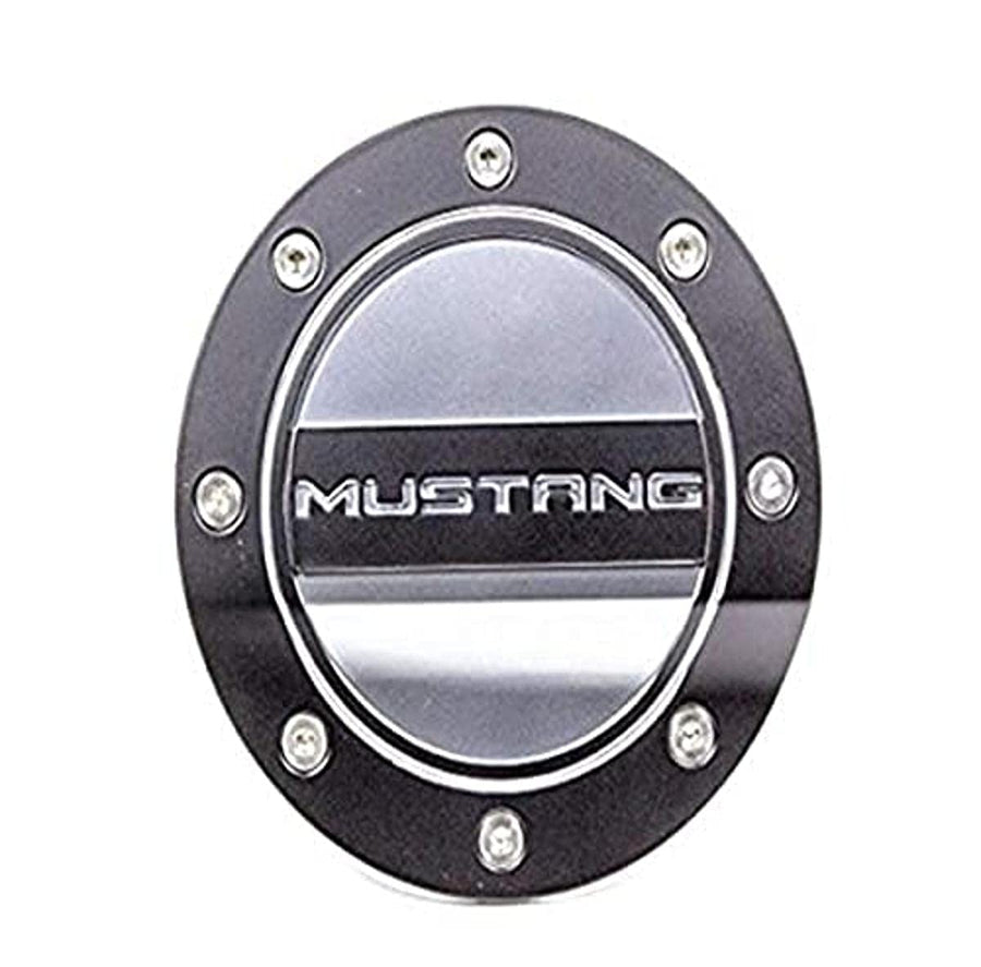 Muscle Cars Drake Comp Series Fuel Door with Mustang Lettering in Satin Black/Silver Finish, Compatible with 2015-2021 Ford Mustang, Model FR3Z-6640526-MA