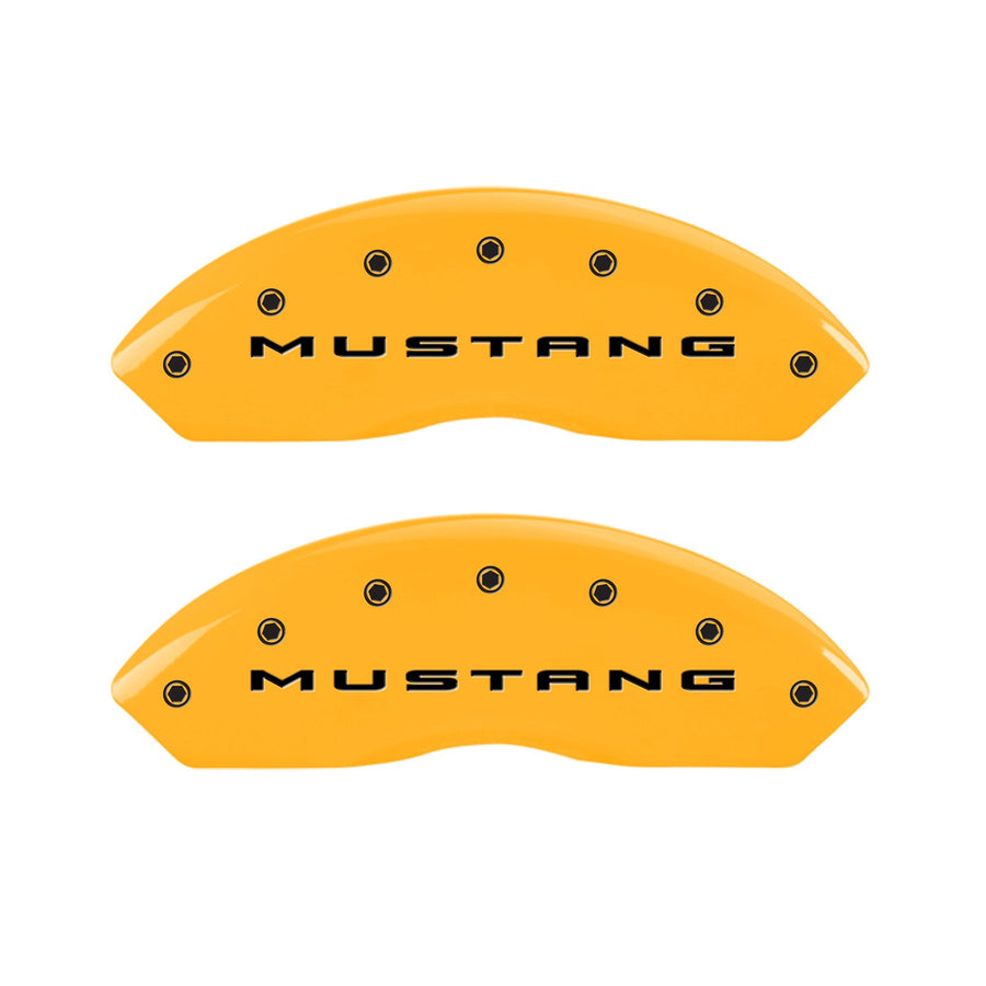 MGP 10202SM32YL Yellow Caliper Covers (Set of 4, Engraved Front: 2015/Mustang - Engraved Rear: 2015/37, Yellow powder coat finish, black characters)