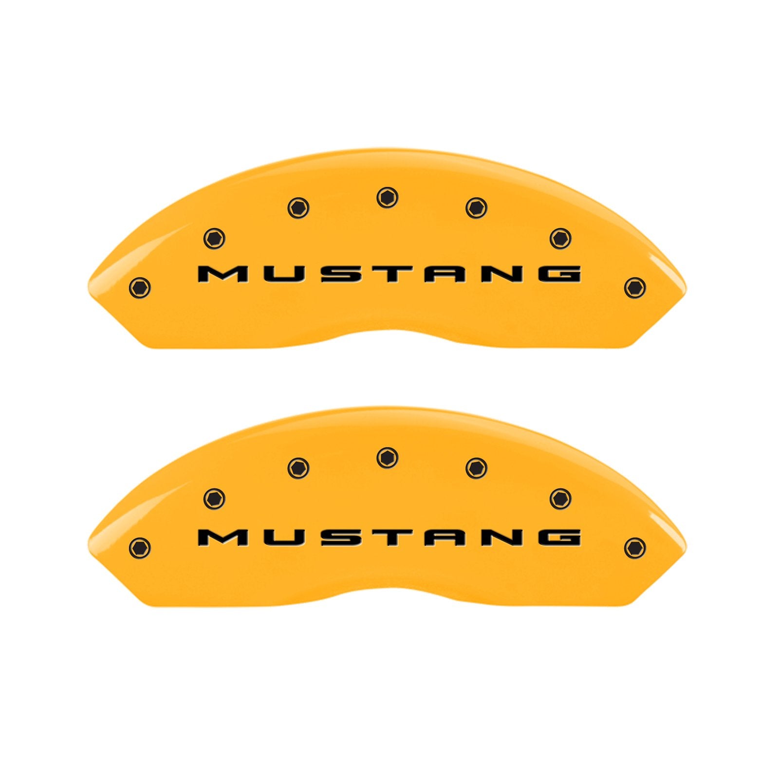 Brake Caliper Covers MGP for Ford Mustang 2015-2023 with Yellow Powder Coat Finish Engraved Black Mustang Logo, Front and Rear Caliper Cover (Set of 4)