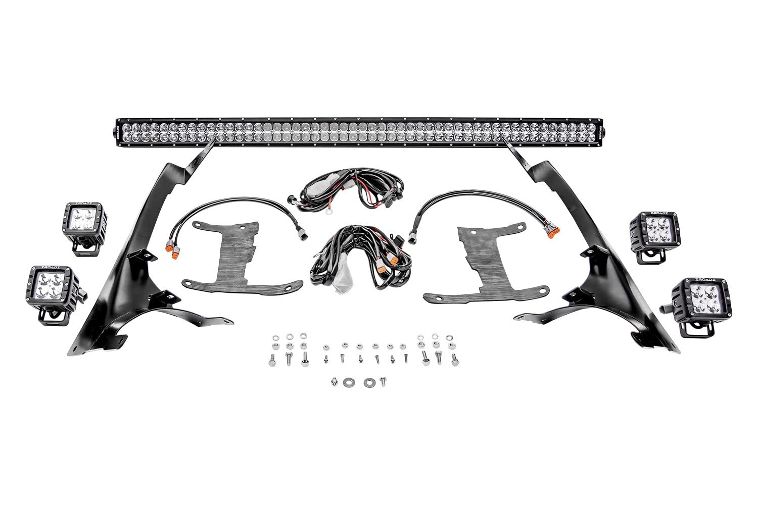 Front Roof Jeep JL, Gladiator LED Bracket to mount (1) 50 or 52 Inch Straight LED Light Bar and (4) 3 Inch LED Pod Lights - PN #Z374831-BK4
