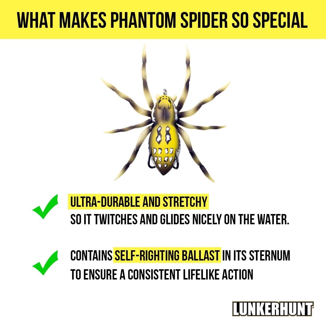 Lunkerhunt Spider Phantom Lure | Most Realistic Topwater Fishing Bait with Self-Righting Ballast for Natural Walking Action | Hollow Body Weedless Hooks for Bass Fishing (Six Spot)