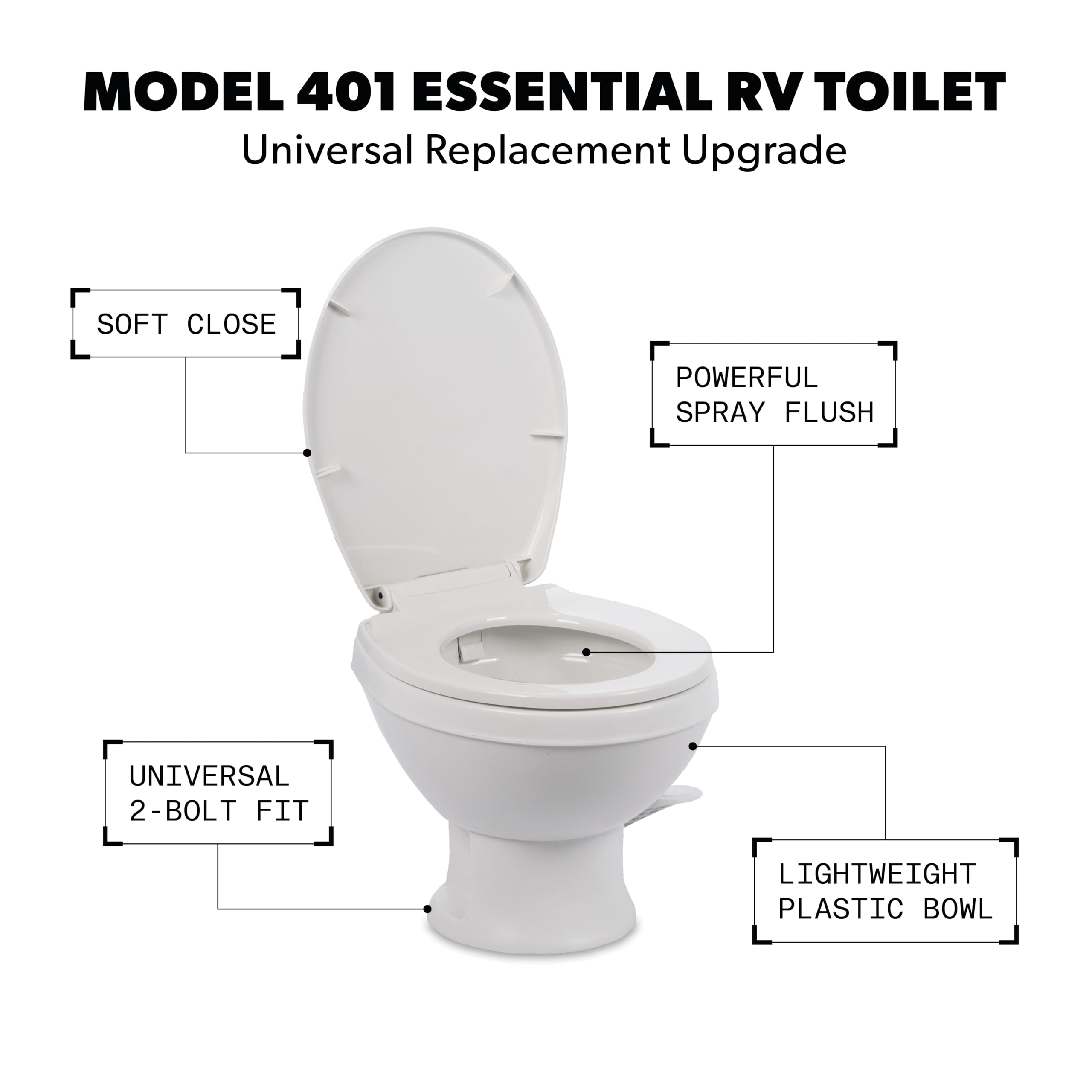 Dometic Model 401 RV Toilet Essential – Heavy-Duty Plastic Bowl, Universal Fit & 2-Bolt Mount, Low-Profile 13–5/8" Seat Height, Gravity Flush Toilet with Soft-Close Seat, White (9610008278)
