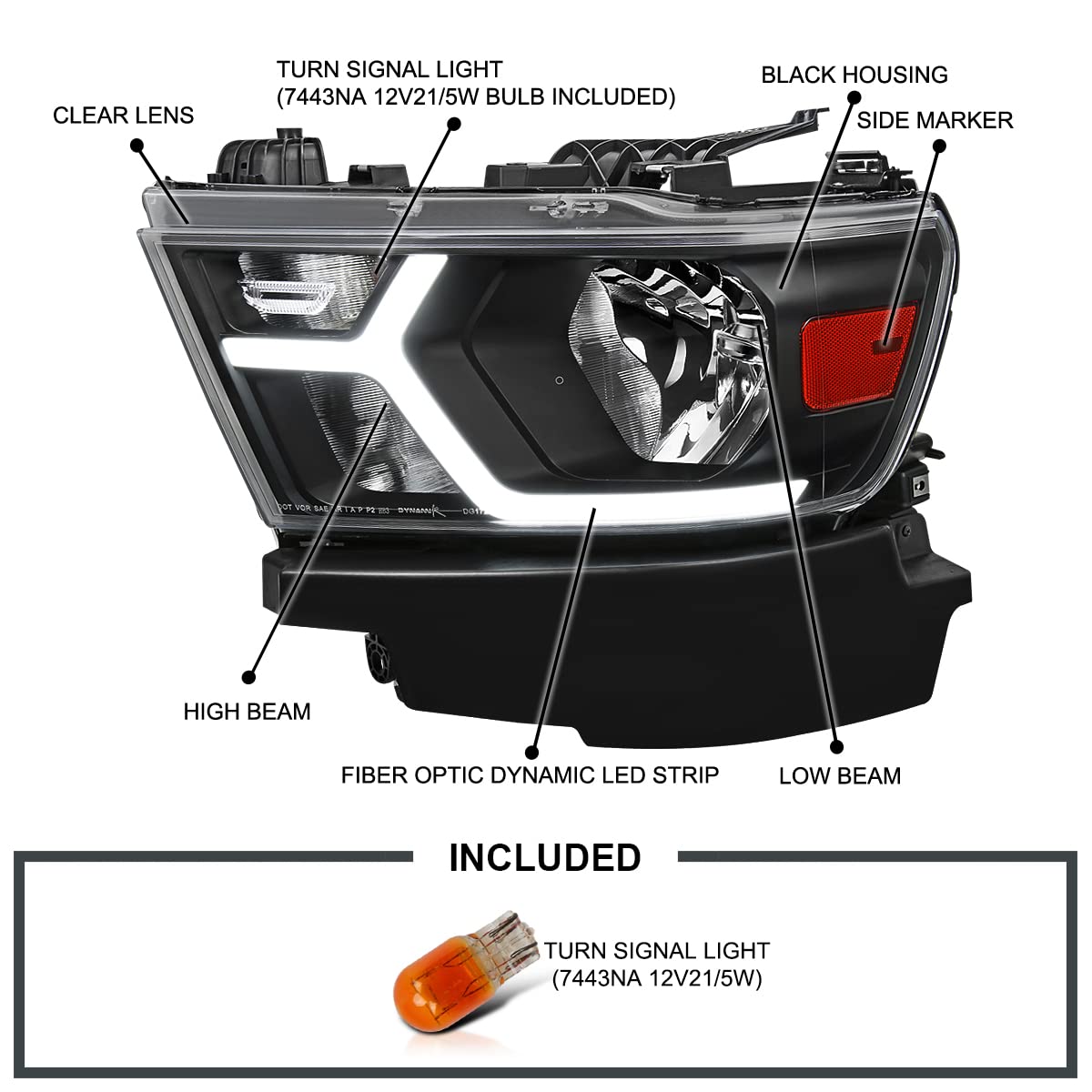Black LED Tube Headlights SPEC-D TUNING Compatible with 2019-2024 Dodge Ram 1500, Left + Right Pair Headlamps Assembly