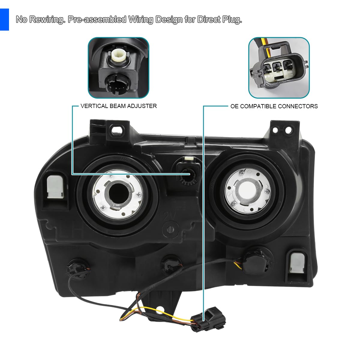 Black Headlights SPEC-D TUNING Compatible with 2005-2010 Chrysler 300, Left + Right Pair Headlamp Assembly