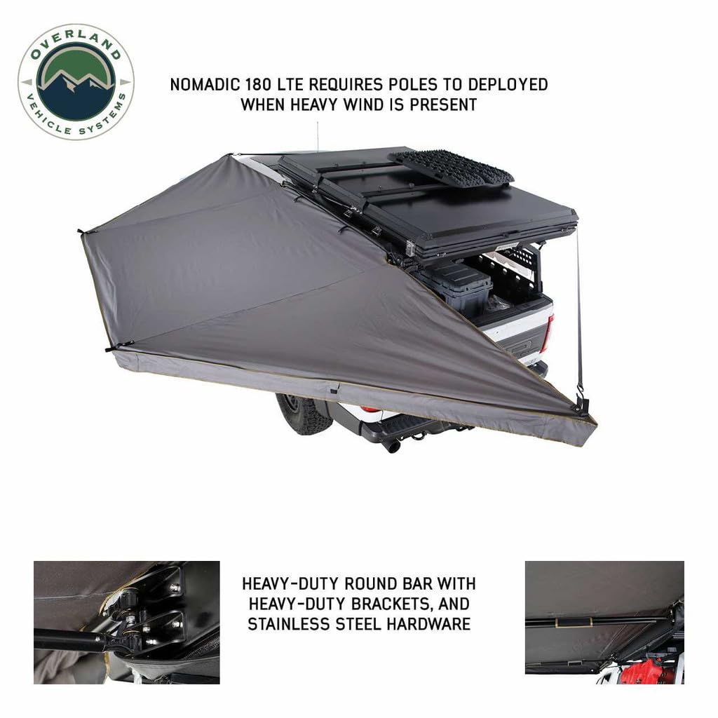Overland Vehicle Systems Nomadic HD 180 LTE Dark Grey Awning with Black Travel Cover | 280G Poly Cotton Ripstop Material | 59 Sq Ft of Coverage | Easy Installation