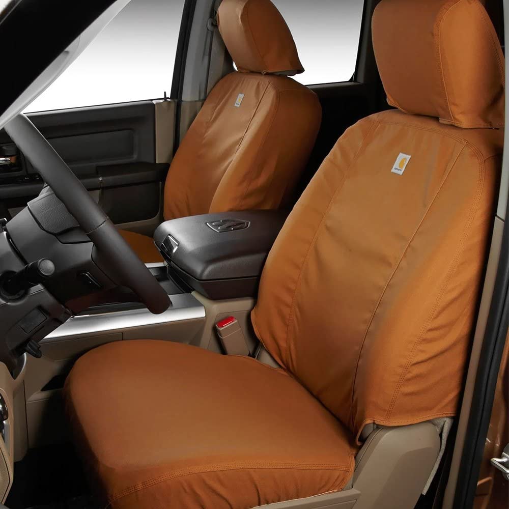 Covercraft Custom Seat Covers Carhartt SeatSaver | Fits 2019-25 Chevrolet Silverado/GMC Sierra 1500, 2020-25 2500/3500, 2023-25 Colorado/Canyon | 1st Row Bucket Seats, Duck Weave Brown