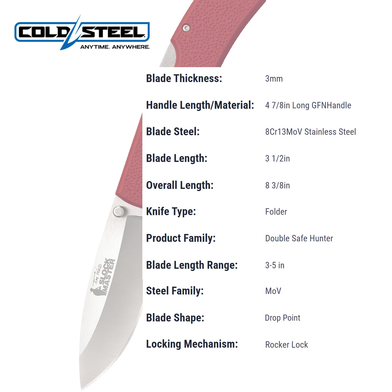 Cold Steel Slock Master Double Safe Hunter 3.5" 8Cr13MoV Drop Point Blade 4.875" GFN Handle Hunting Folding Knife w/Rocker Lock