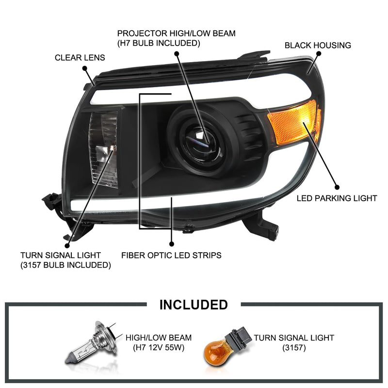 Black Projector Headlights w/LED Tube SPEC-D TUNING Compatible with 2005-2011 Toyota Tacoma, Left + Right Pair Headlamps Assembly