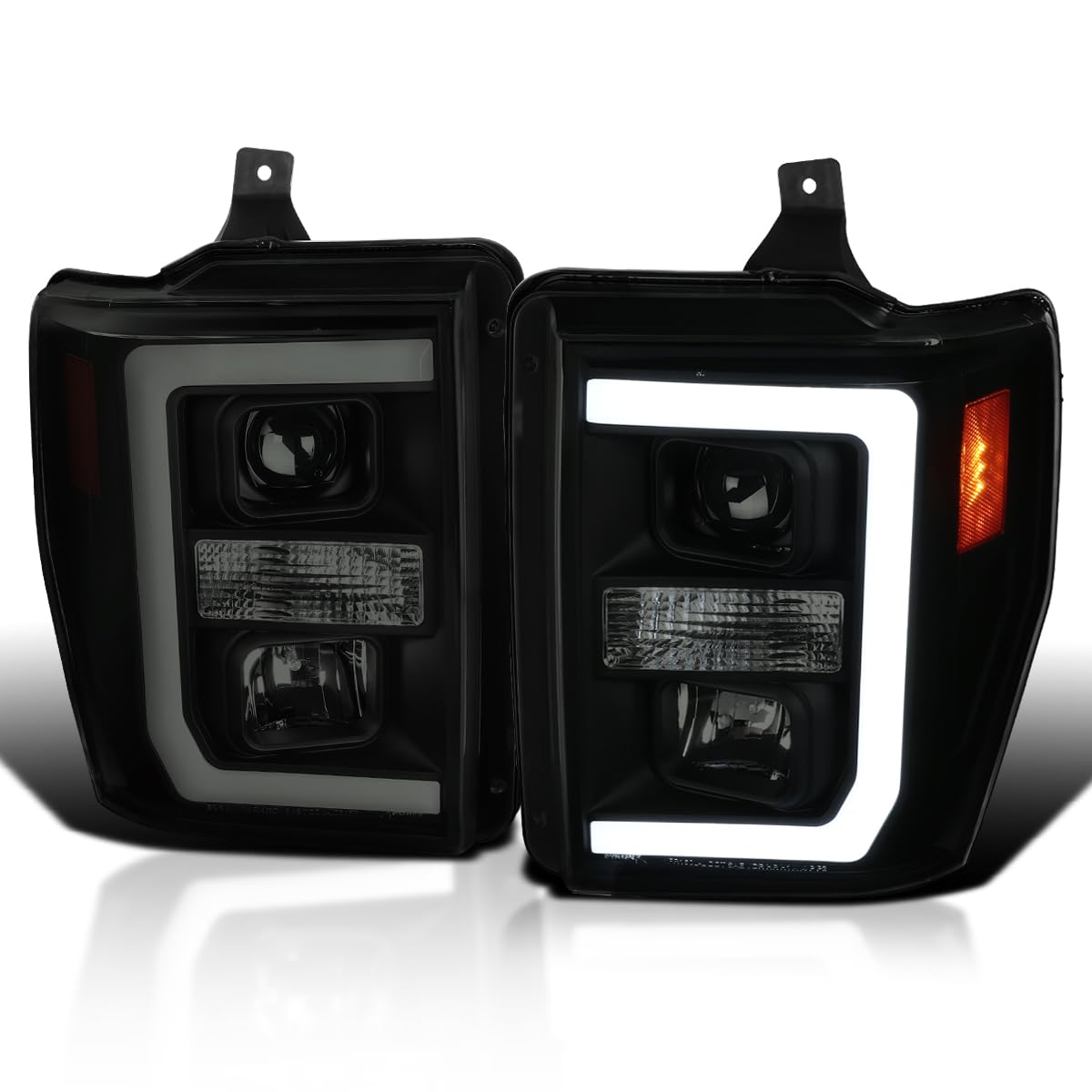 Black Smoke SPEC-D TUNING Projector Headlights w/LED Bar Compatible with 2008-2010 Ford F-250, F-350, F-450, F-550 Super Duty, Left + Right Pair Headlamps Assembly