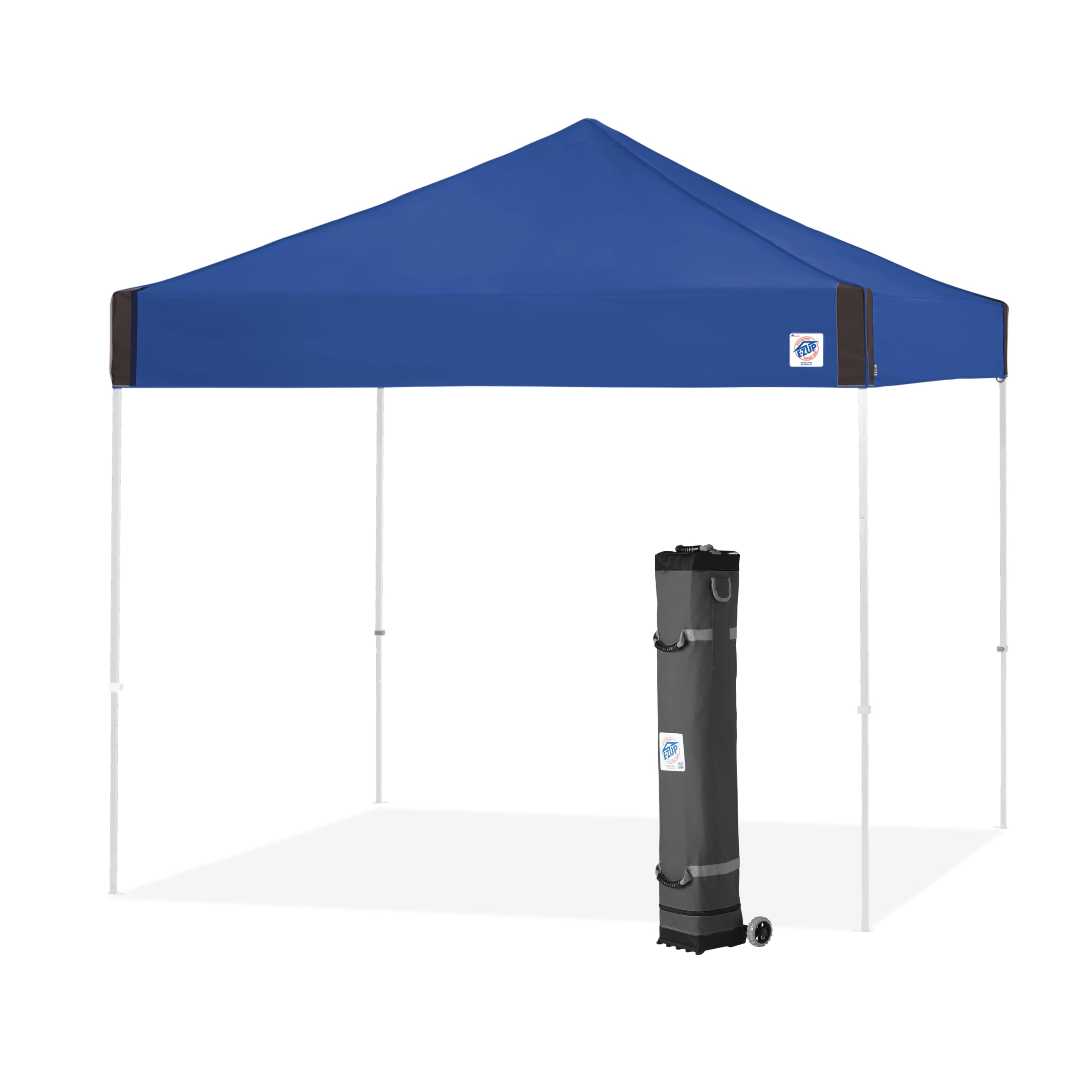 E-Z UP Instant Shelter Pyramid Canopy Pop Up Tent, 10' x 10' with Wide-Trax Roller Bag & 4 Piece Spike Set, Royal Blue