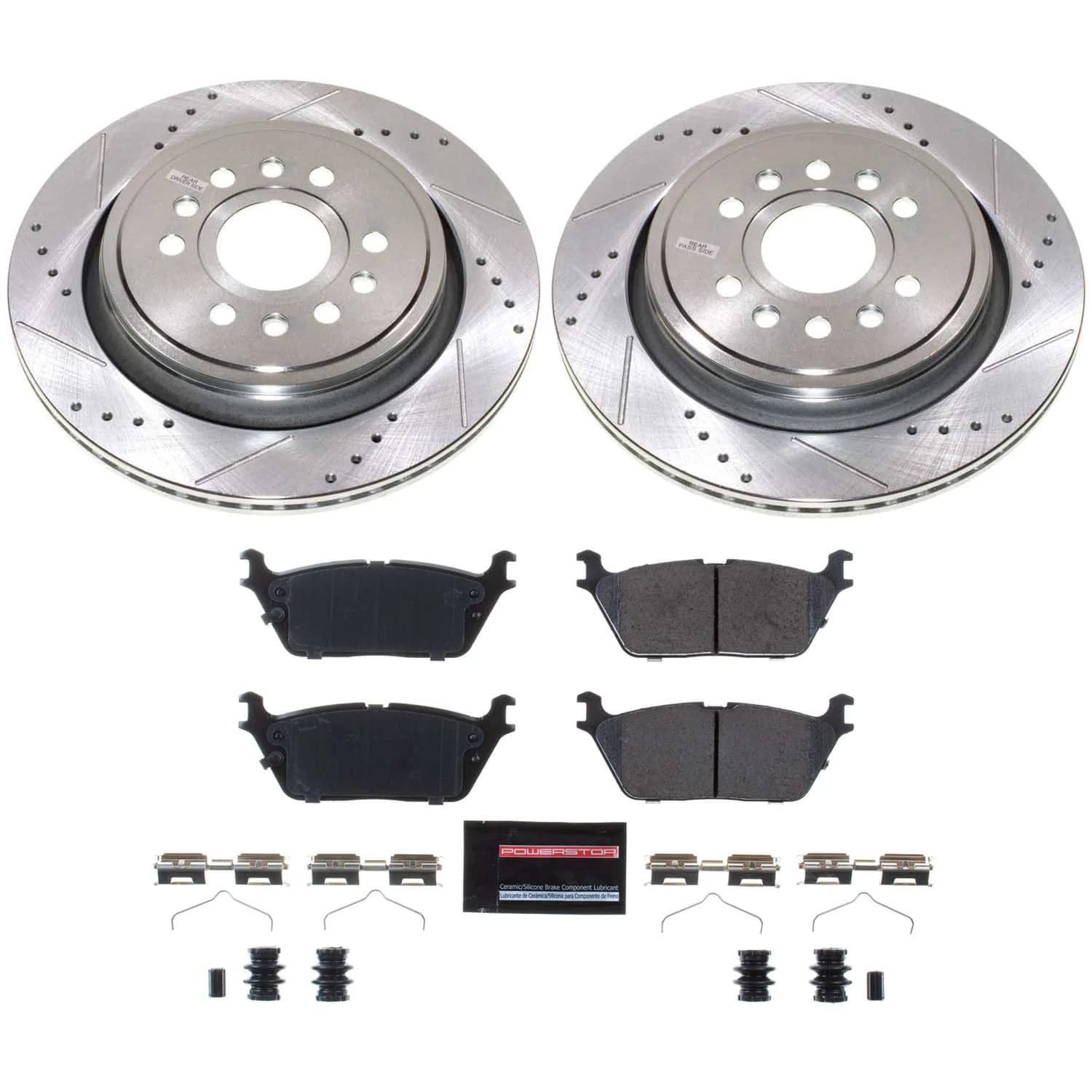 Power Stop K8873 Rear Z23 Brake Kit Carbon-Fiber Ceramic Brake Pads and Drilled and Slotted Rotors For Jeep Grand Wagoneer, Jeep Grand Wagonee, Jeep Wagoneer, Jeep Wagonee, Ram 1500 [Model Specific]