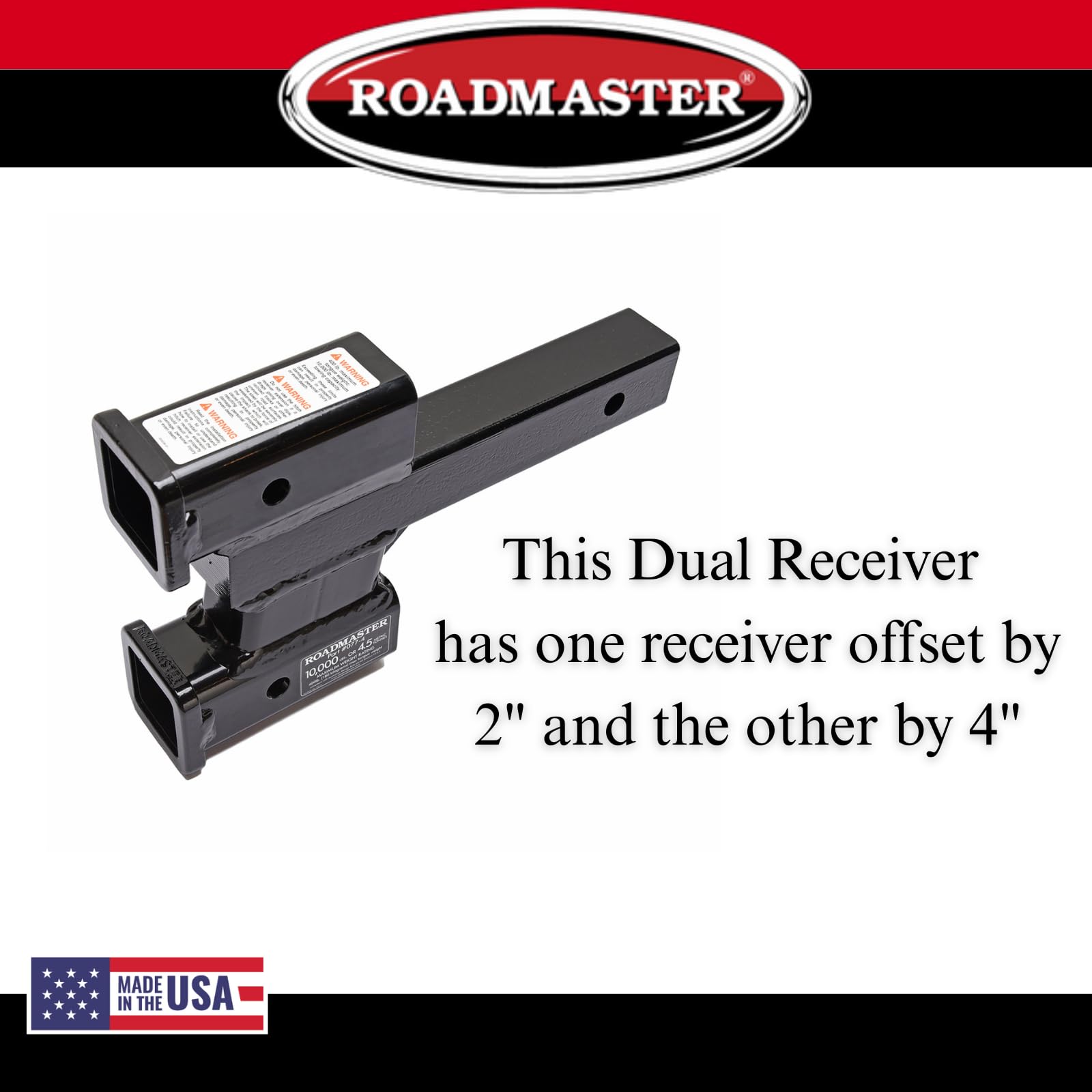 Dual Receiver Hitches Roadmaster 077-4 with 2" Top and 4" Bottom Offset fits 2" Receiver Hitch | 10,000 lbs Towing Capacity | 400 lbs Max Tongue Weight | Durable Powder Coat Finish | Made in The USA