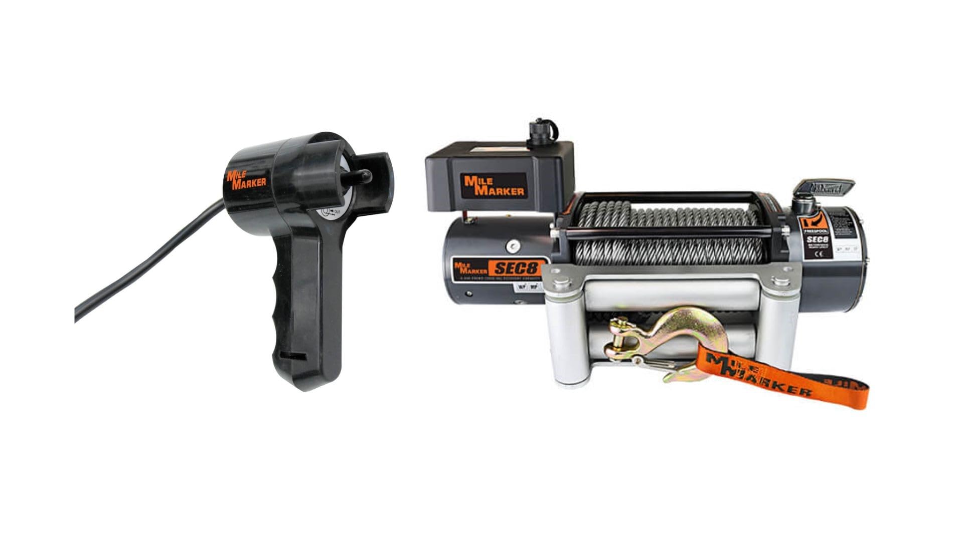 Winch Mile Marker 77-50141W Sec 8 8000 lb Pulling Power - Waterproof, 100’ of Steel Cable, 4.9 HP Series Wound Motor, Handheld Remote Control