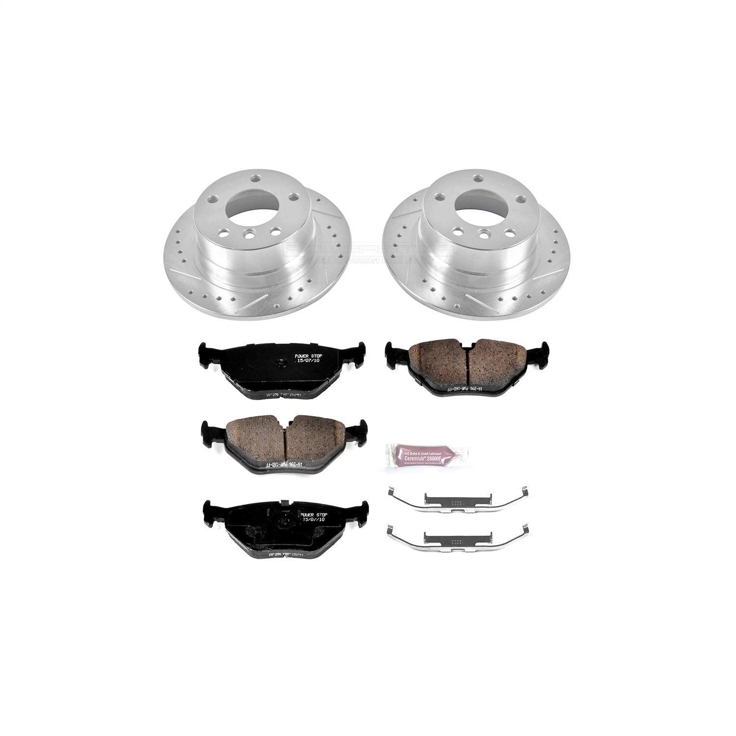 Power Stop K633 Z23 Rear Carbon Fiber Brake Pads with Drilled & Slotted Brake Rotors Kit