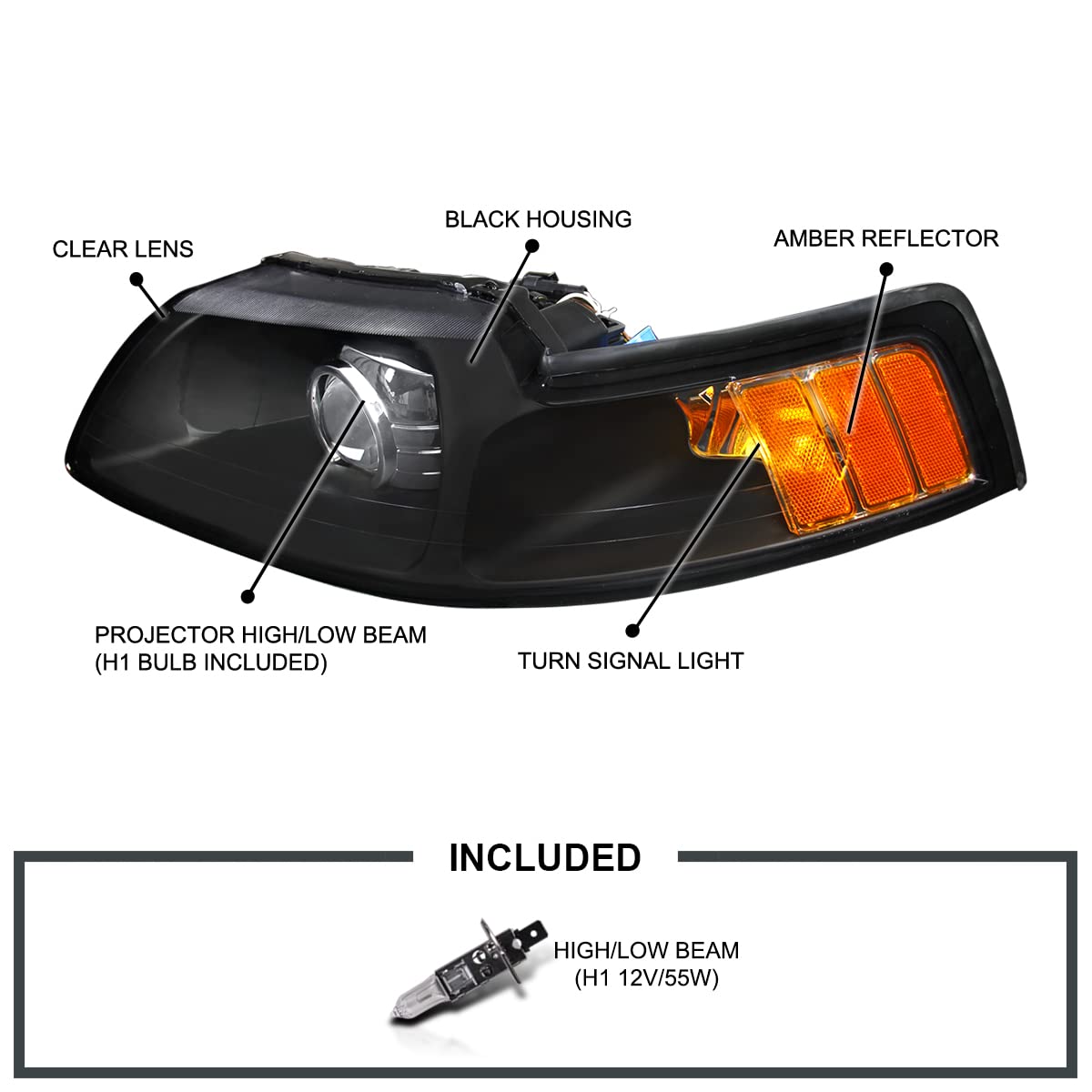 Black Projector Headlights SPEC-D TUNING Retrofit Style Compatible with 1999-2004 Ford Mustang, Left + Right Pair Headlamps Assembly