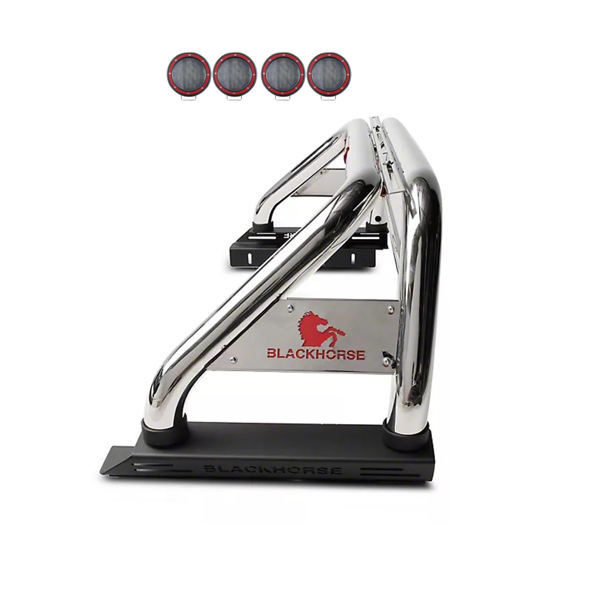 Classic Black Horse Roll Bar Incl. Set of 5.3" Dia.Led Lights w/Red Trim Rings Stainless Steel Compatible with 2005-2021 Nissan Frontier-RB007SS-PLFR