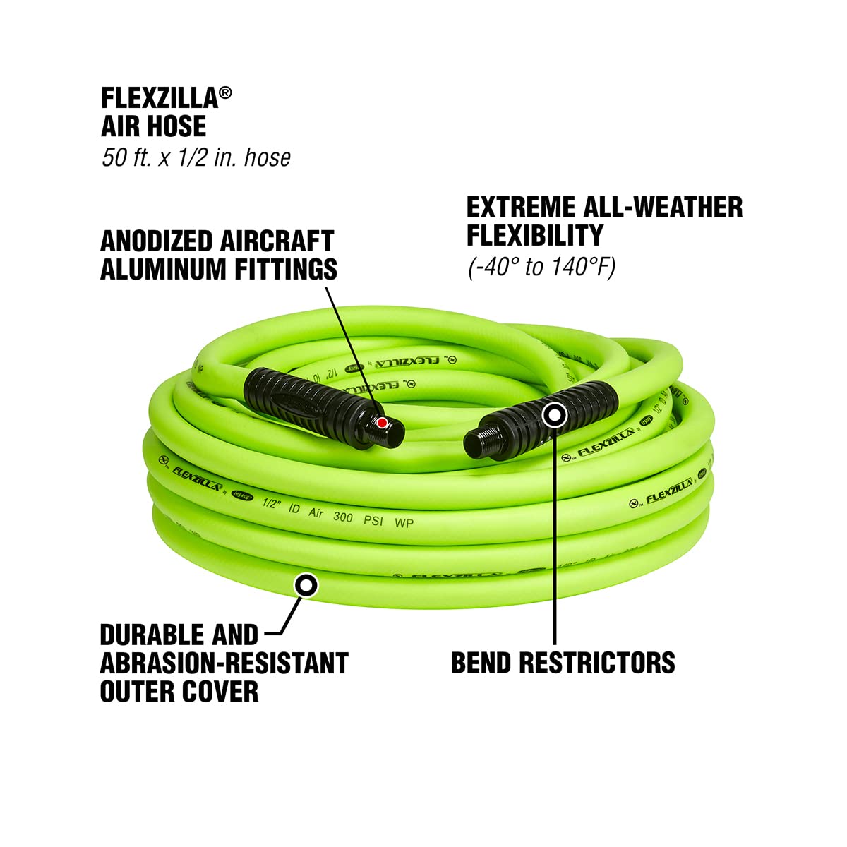Air Hose Flexzilla, 1/2 in. x 50 ft., 3/8 in. MNPT Fittings Heavy Duty, Lightweight, Hybrid, ZillaGreen - HFZ1250YW3