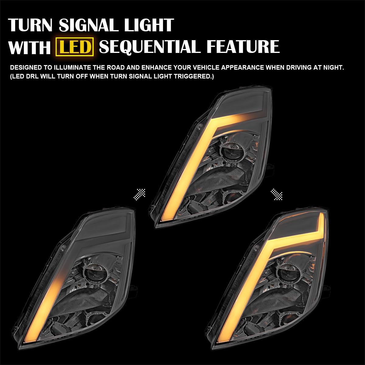 Sequential Switchback Projector Headlights SPEC-D TUNING w/LED Strip and Startup Animation Compatible with 2003-2005 Nissan 350Z, Left + Right Pair Headlamp Assembly