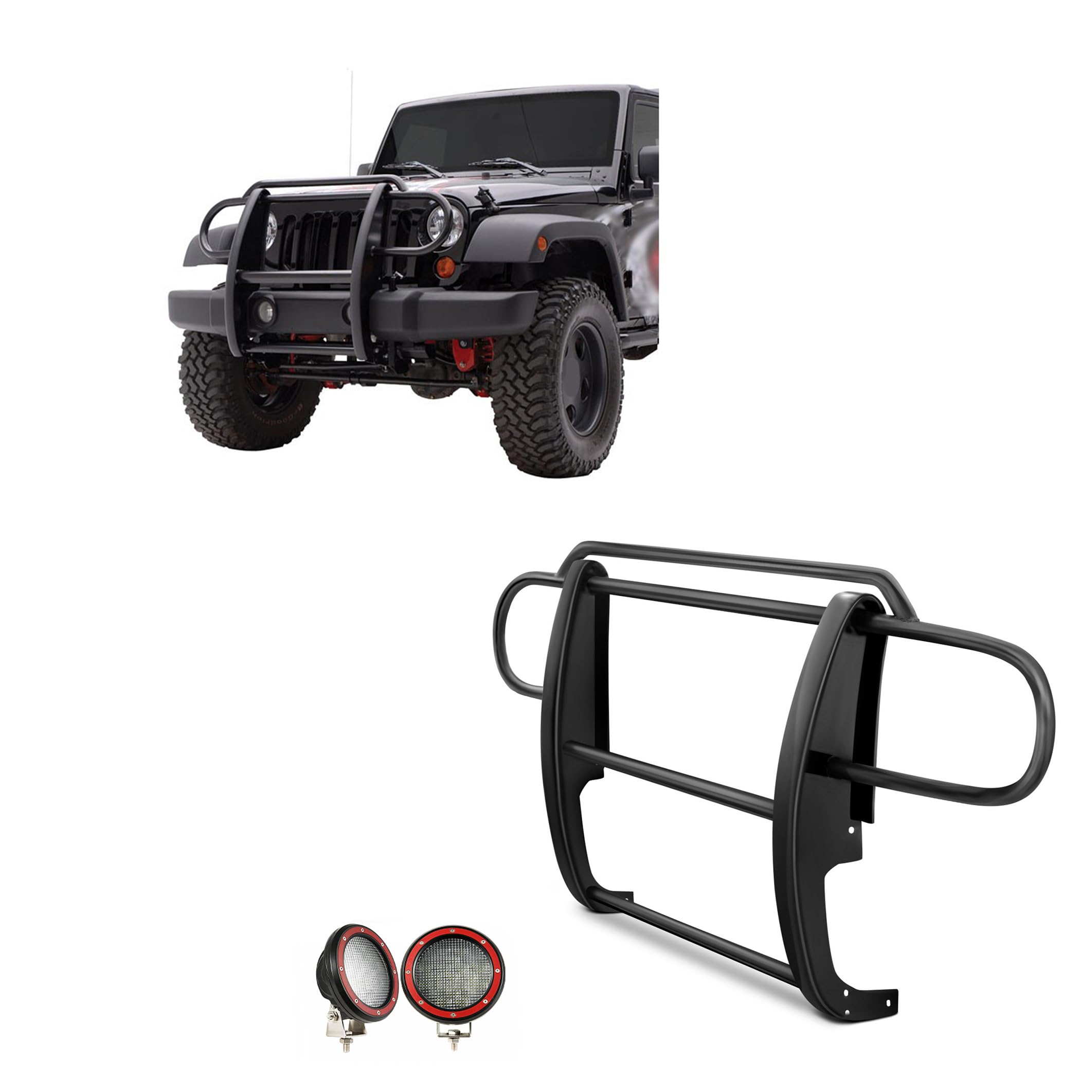 Bumper Guard Black Horse Grille Brush Modular Black Come with Pair of 5.3" Dia.LED Lights with Red Trim Rings Compatible with 2007-2017 Jeep Wrangler-17JPWRMA-PLFR