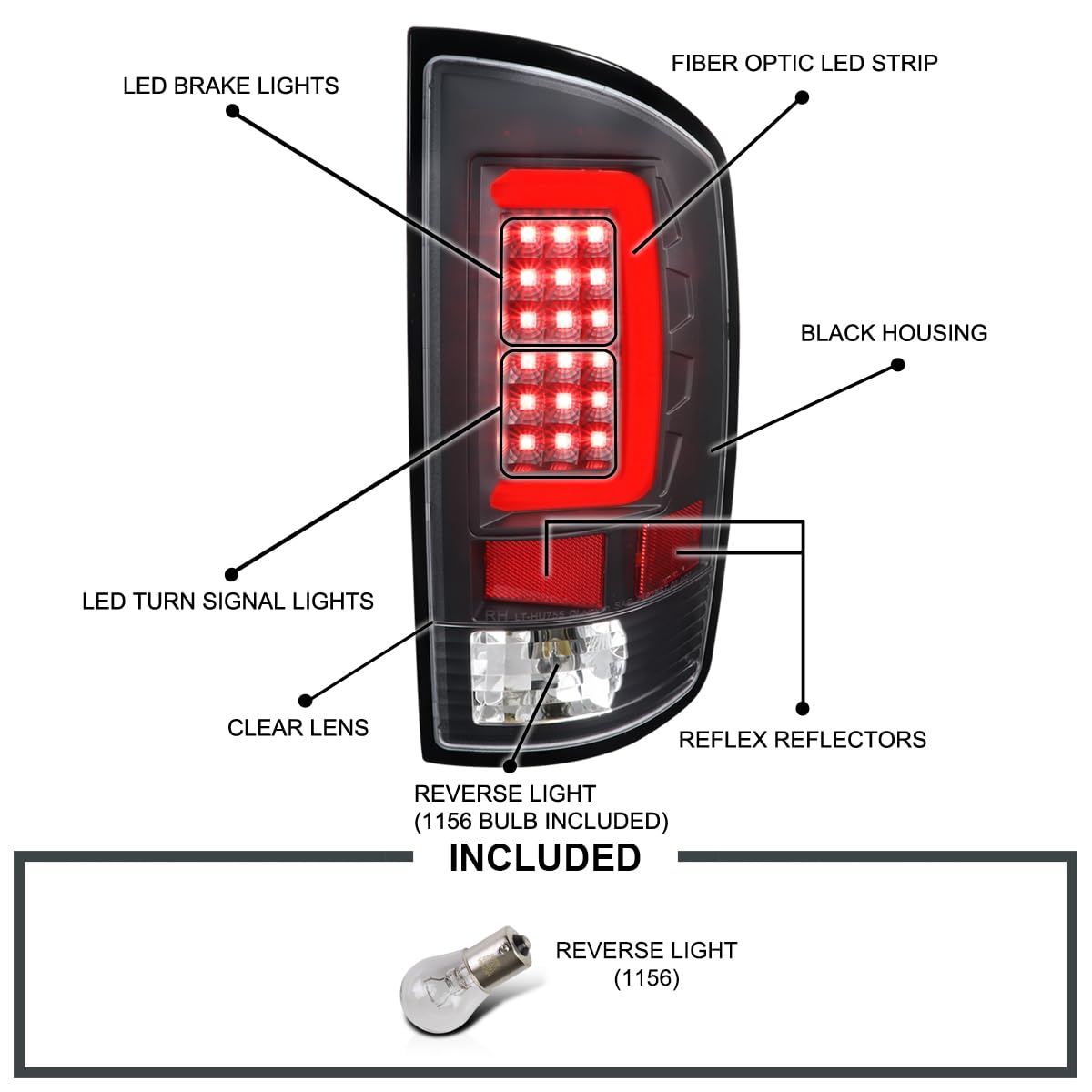Black LED Bar Tail Lights SPEC-D TUNING Compatible with 2002-2006 Dodge Ram 1500/2500/3500, Left + Right Pair Assembly