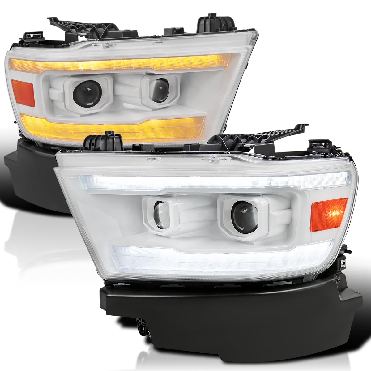 Special Edition SPEC-D TUNING Arctic White Projector Headlights w/Sequential LED Tube Signal and Startup Animation Compatible with 2019-2024 Ram 1500, Left + Right Pair Headlamps Assembly