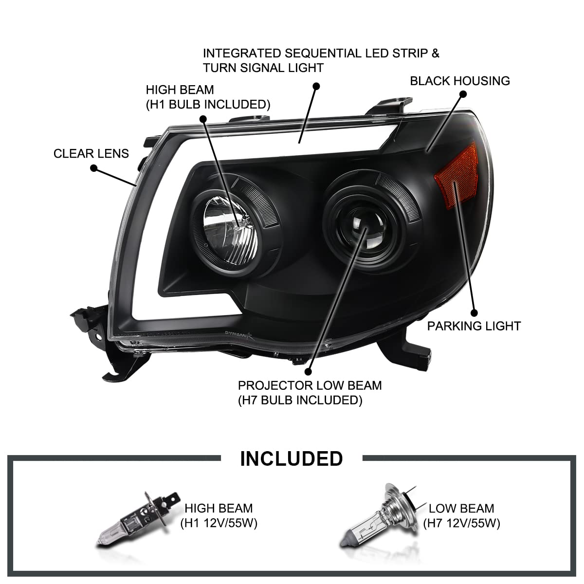 Black LED Tube Projector Headlights SPEC-D TUNING with LED Sequential Switchback Signal Compatible with 2005-2011 Toyota Tacoma, Left + Right Pair Headlamps Assembly