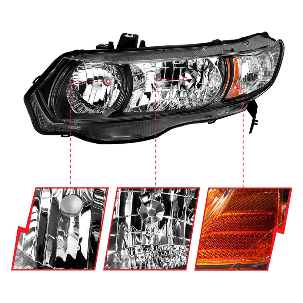 2006-2009 Honda Civic ANZO 2 Door Crystal Headlight Black Amber (OE Replacement)