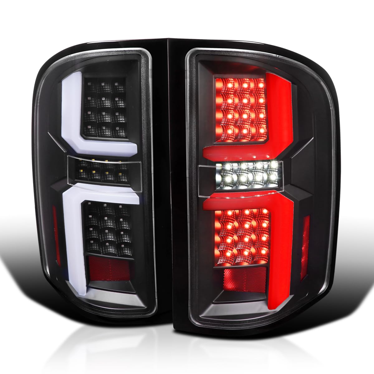 Black LED Tail Lights SPEC-D TUNING w/White LED Light Bars Compatible with 2007-2013 Chevy Silverado 1500/2500HD/3500HD, Left + Right Pair Assembly
