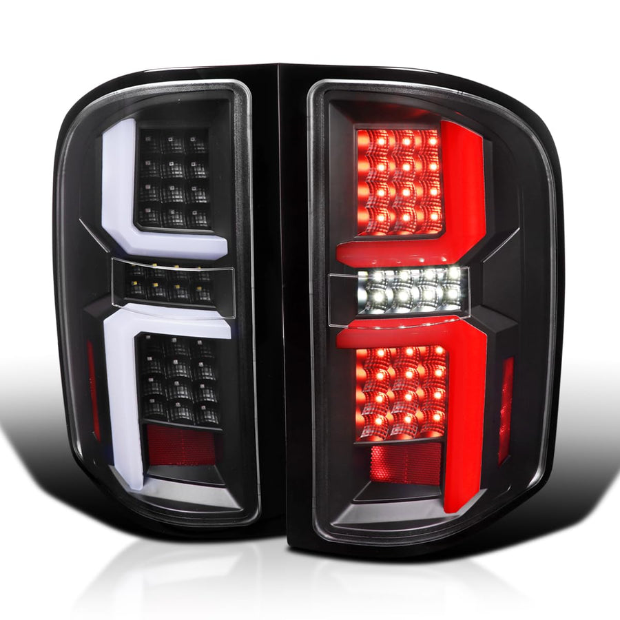 Black LED Tail Lights SPEC-D TUNING w/White LED Light Bars Compatible with 2007-2013 Chevy Silverado 1500/2500HD/3500HD, Left + Right Pair Assembly